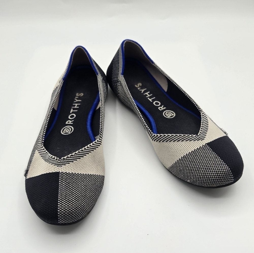 Rothy's | The Flat Round Cap Toe Black and Cream Plaid Flats Size 8